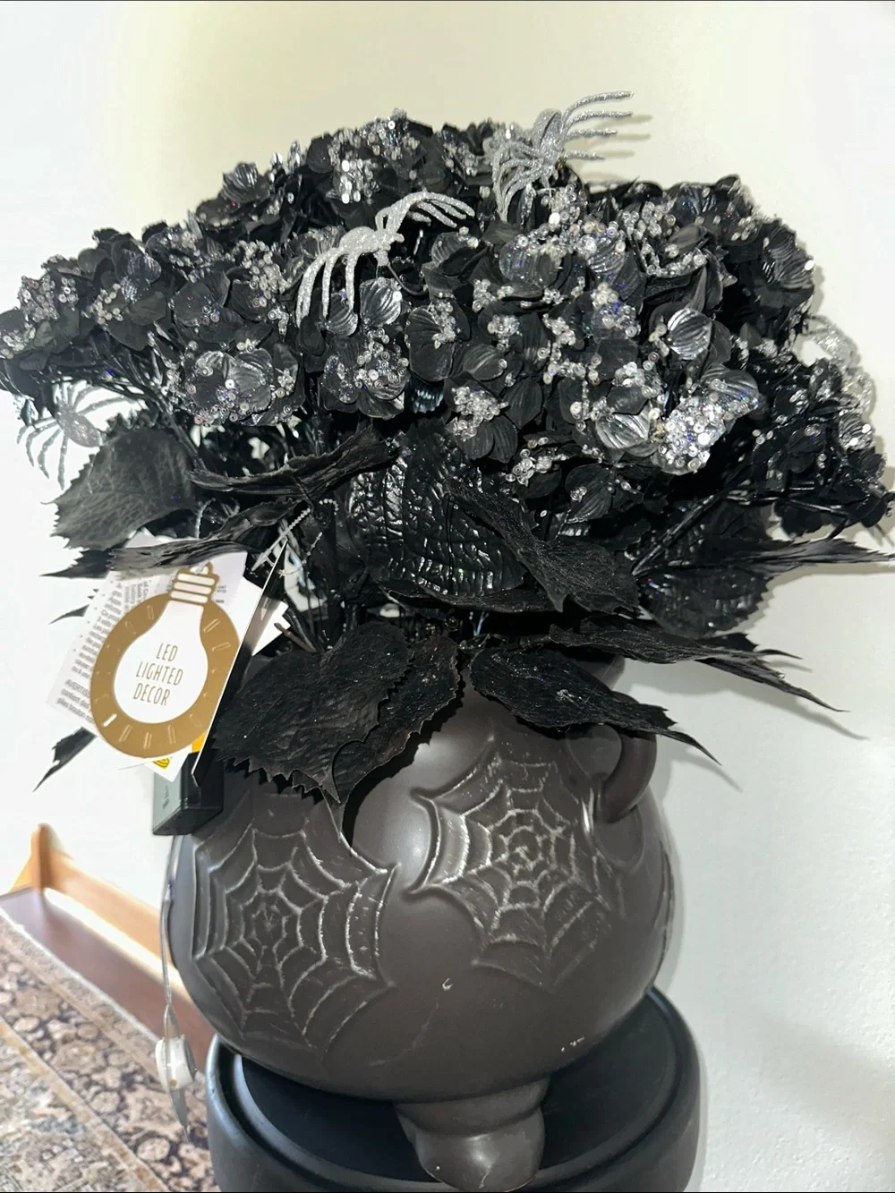 Halloween LED Lighted Black Floral Cauldron Décor